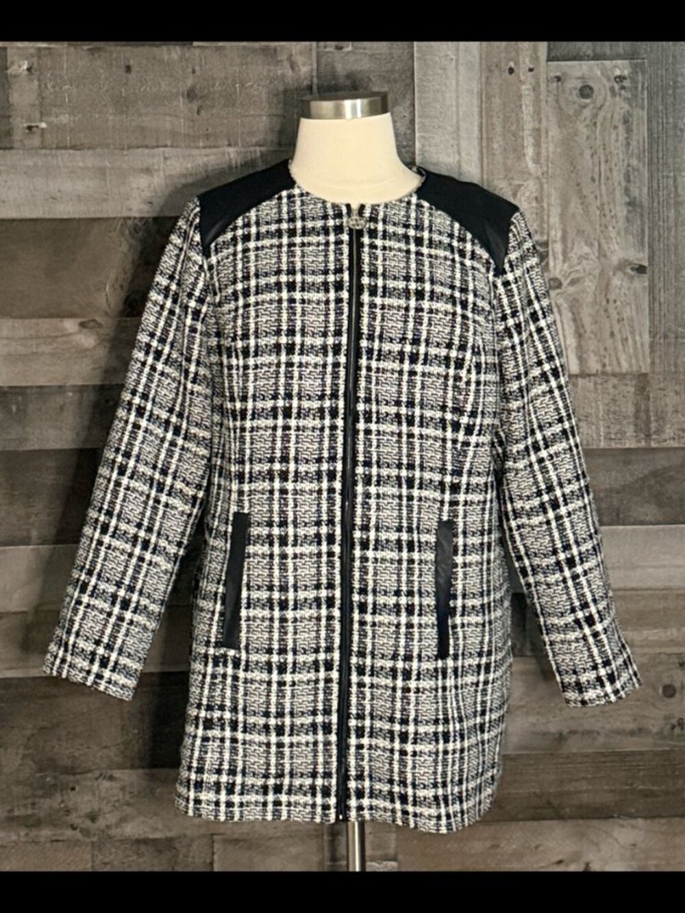 Dennis Basso sparkly plaid tweed zip up jacket size 20 faux leather quiet luxury